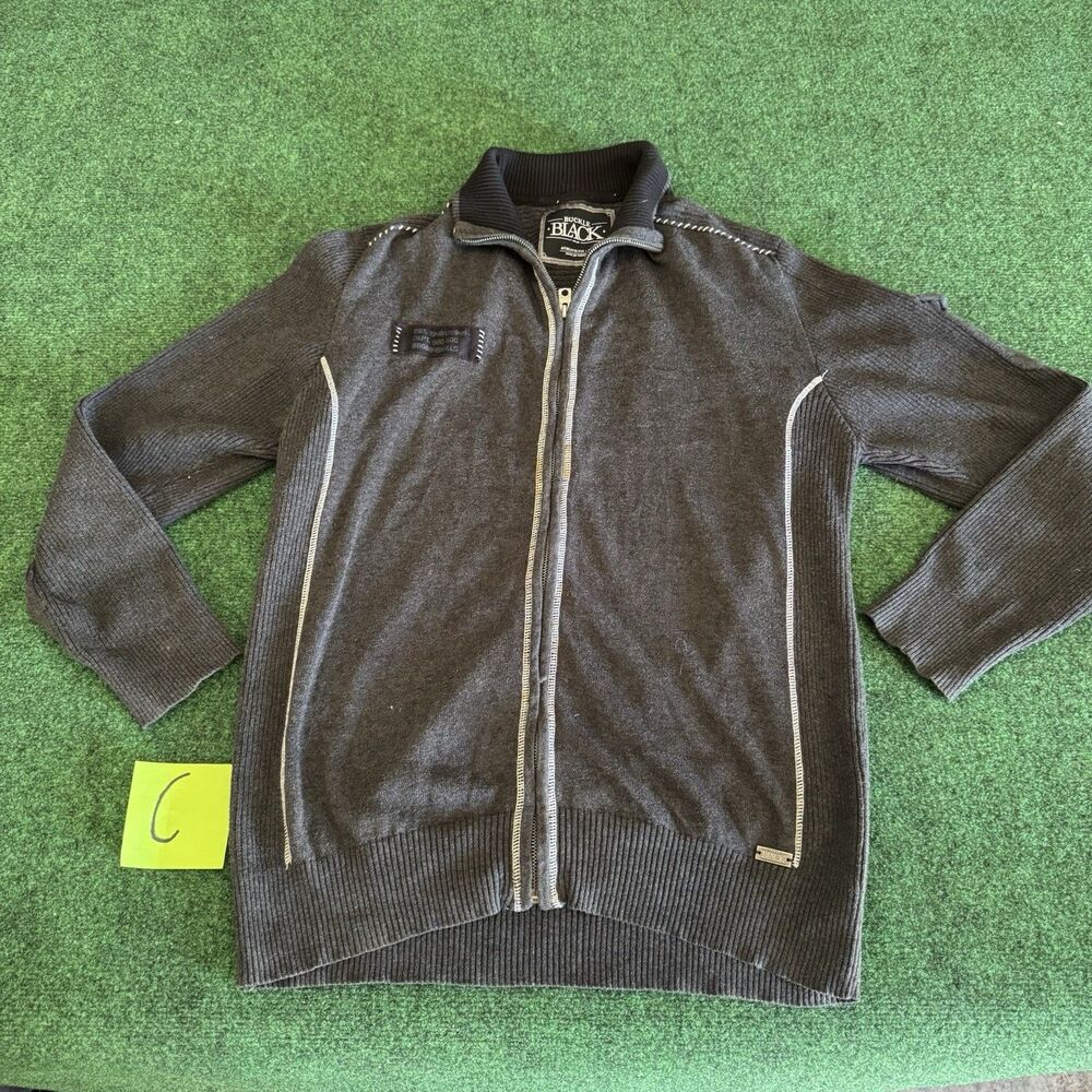 Buckle Black Men’s Full-Zip Sweater Charcoal Rib Knit Details Size S Good